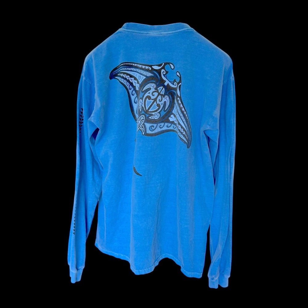 Y2K Crazy Shirts M Blue Hawaii Dyed Manta Ray Tribal Long Sleeve T-Shirt